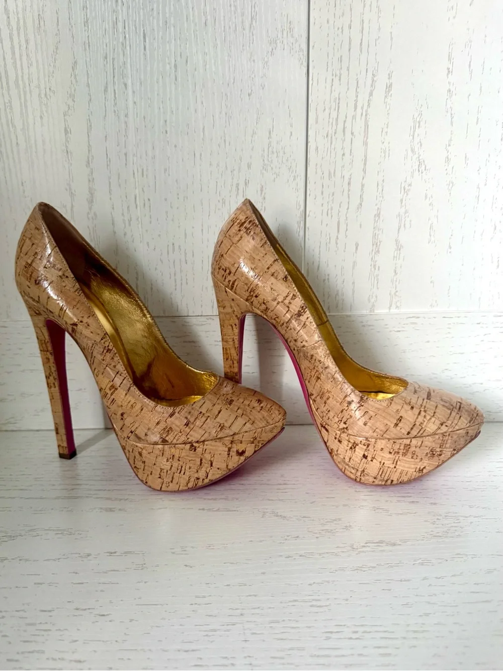 Ruthie Davis Cork-Print Nude Platform Pumps with Gold Lining size 37